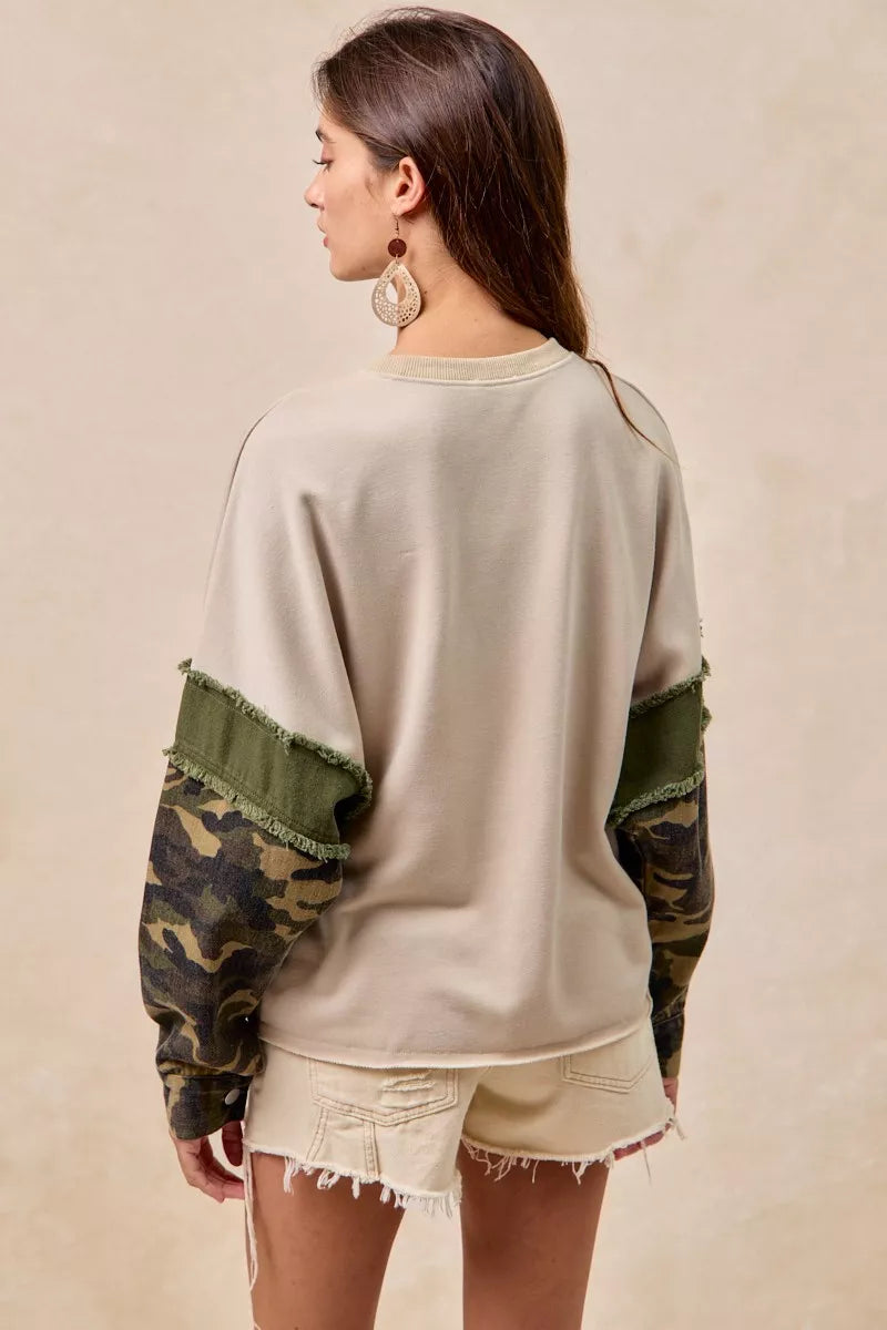 BiBi Camo Sleeve French Terry Top with Frayed Edge on Simply Obsessed