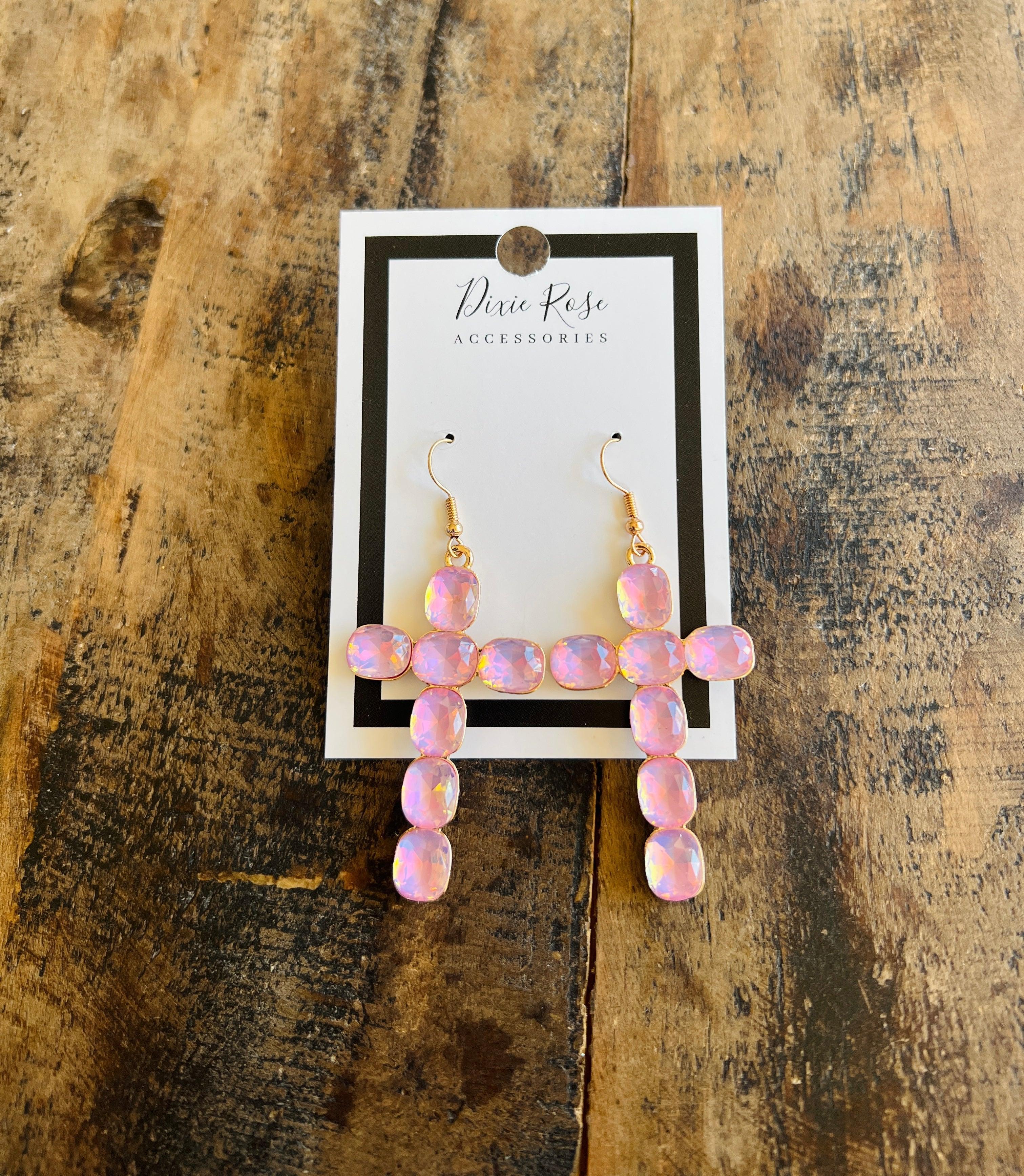 DIXIE ROSE Blush Pink Stone Cross Earrings on Simply Obsessed