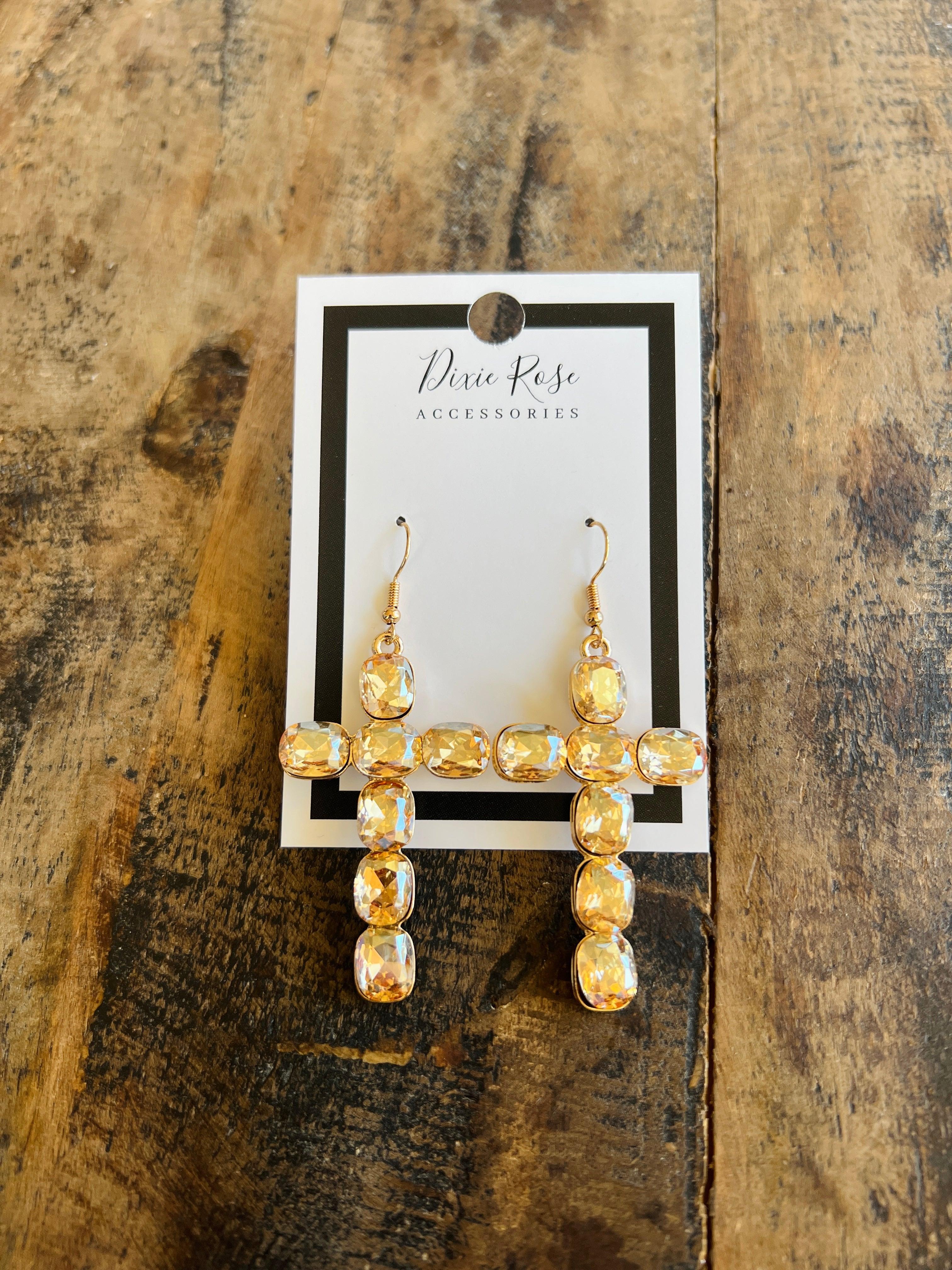 DIXIE ROSE Champagne Stone Cross Earrings on Simply Obsessed