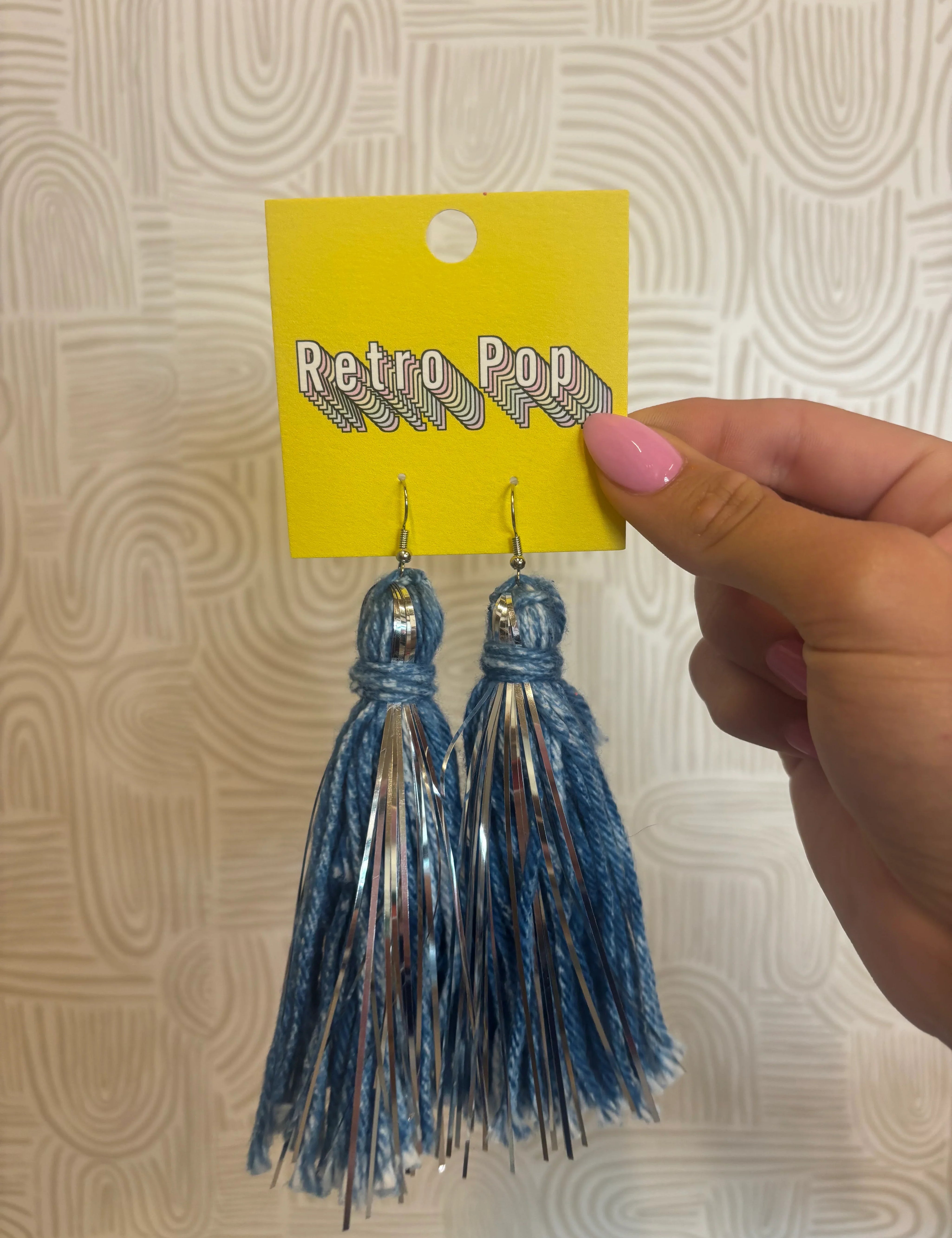 DIXIE ROSE Distressed Blue Shimmer Tassel Earrings on Simply Obsessed