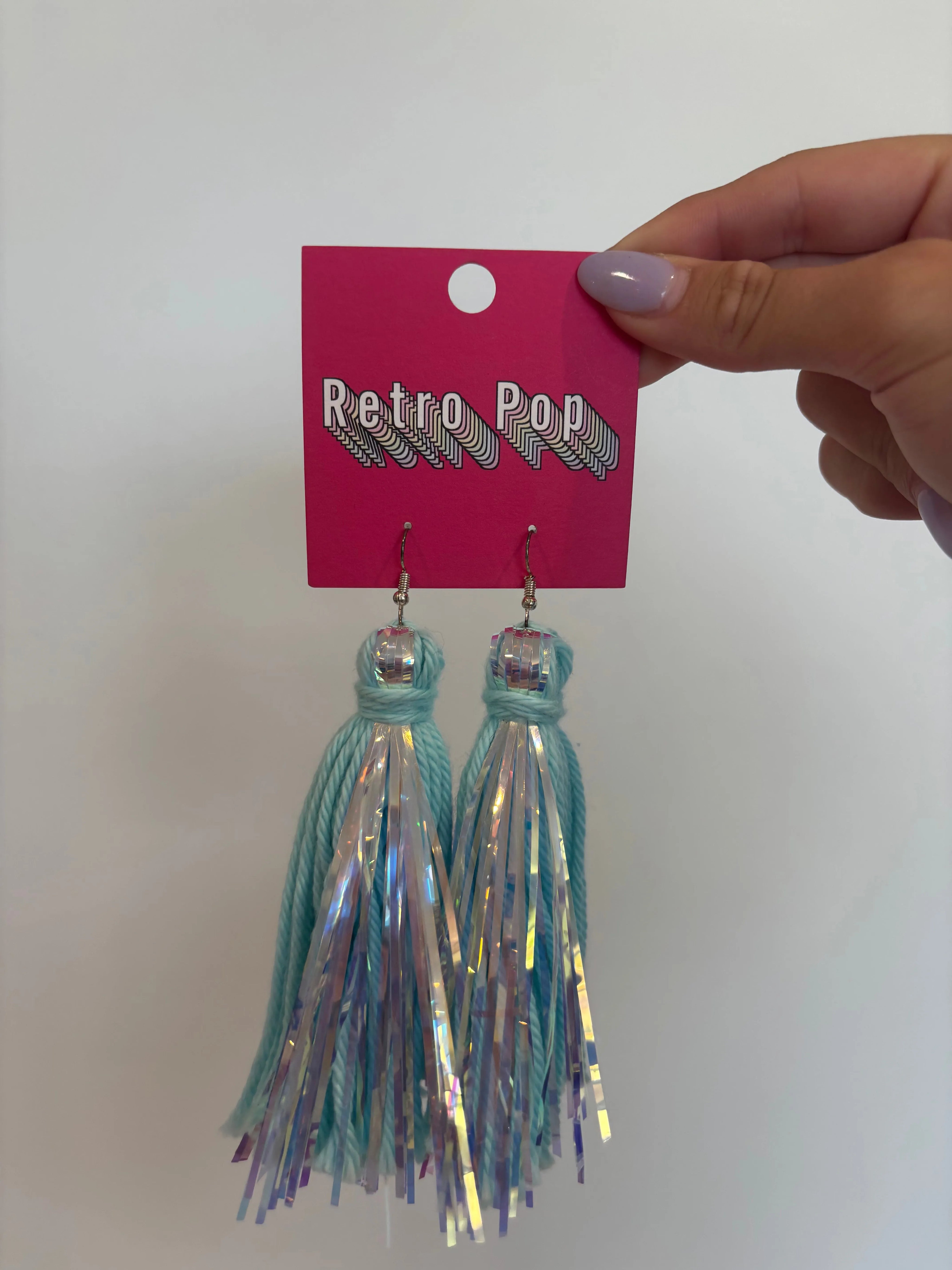 DIXIE ROSE Light Blue Iridescent Tassel Earrings on Simply Obsessed