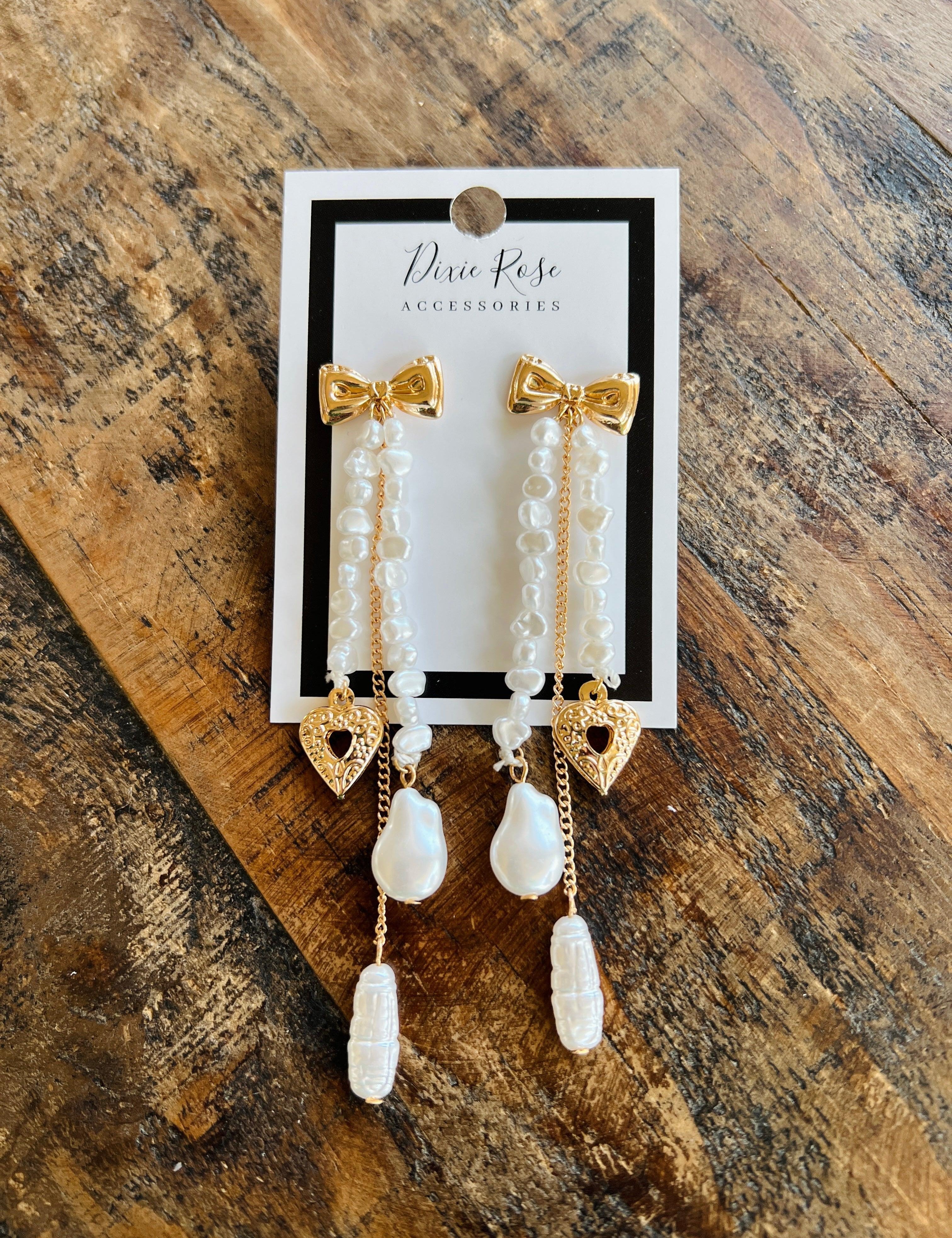 DIXIE ROSE Pearl Drop Bow Earrings on Simply Obsessed