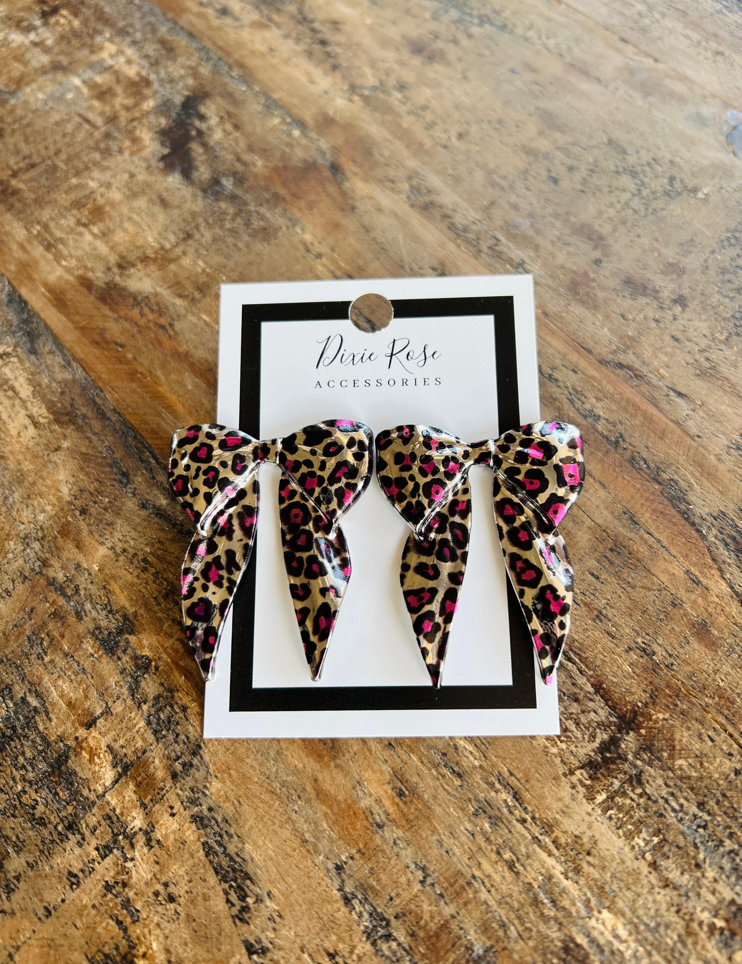 DIXIE ROSE Pink Leopard Bow Earrings on Simply Obsessed
