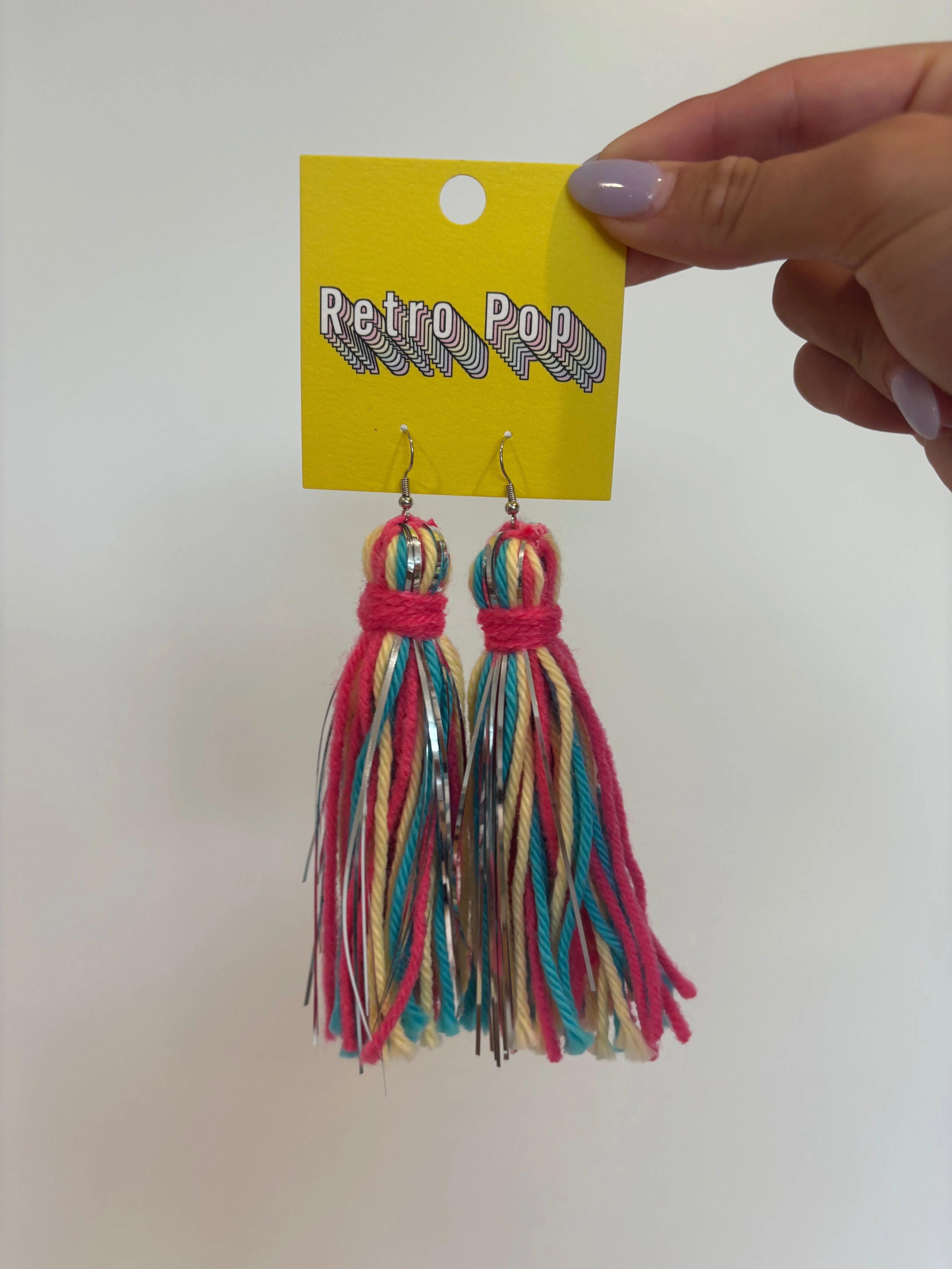 DIXIE ROSE Pink/Blue/Cream Iridescent Tassel Earrings on Simply Obsessed