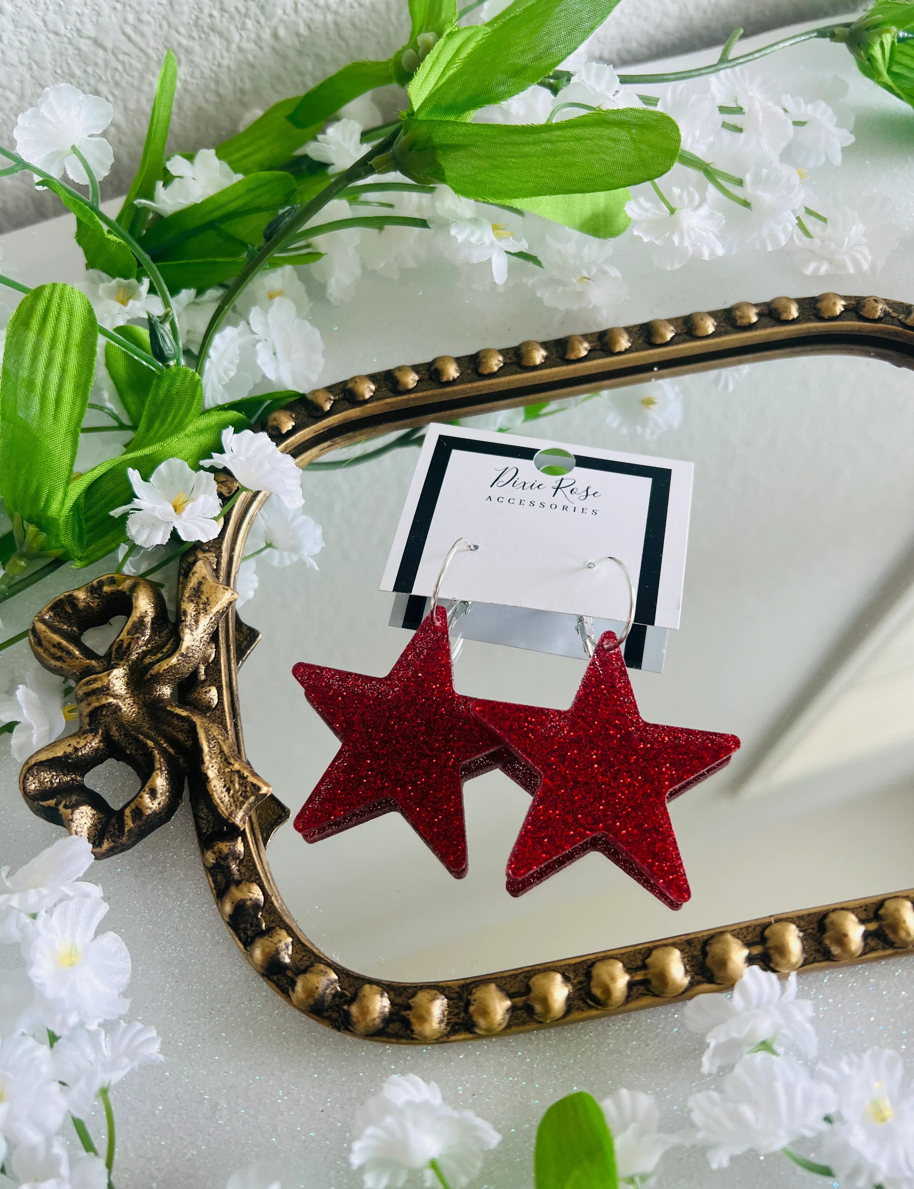 DIXIE ROSE Red Glitter Statement Star Hoops on Simply Obsessed