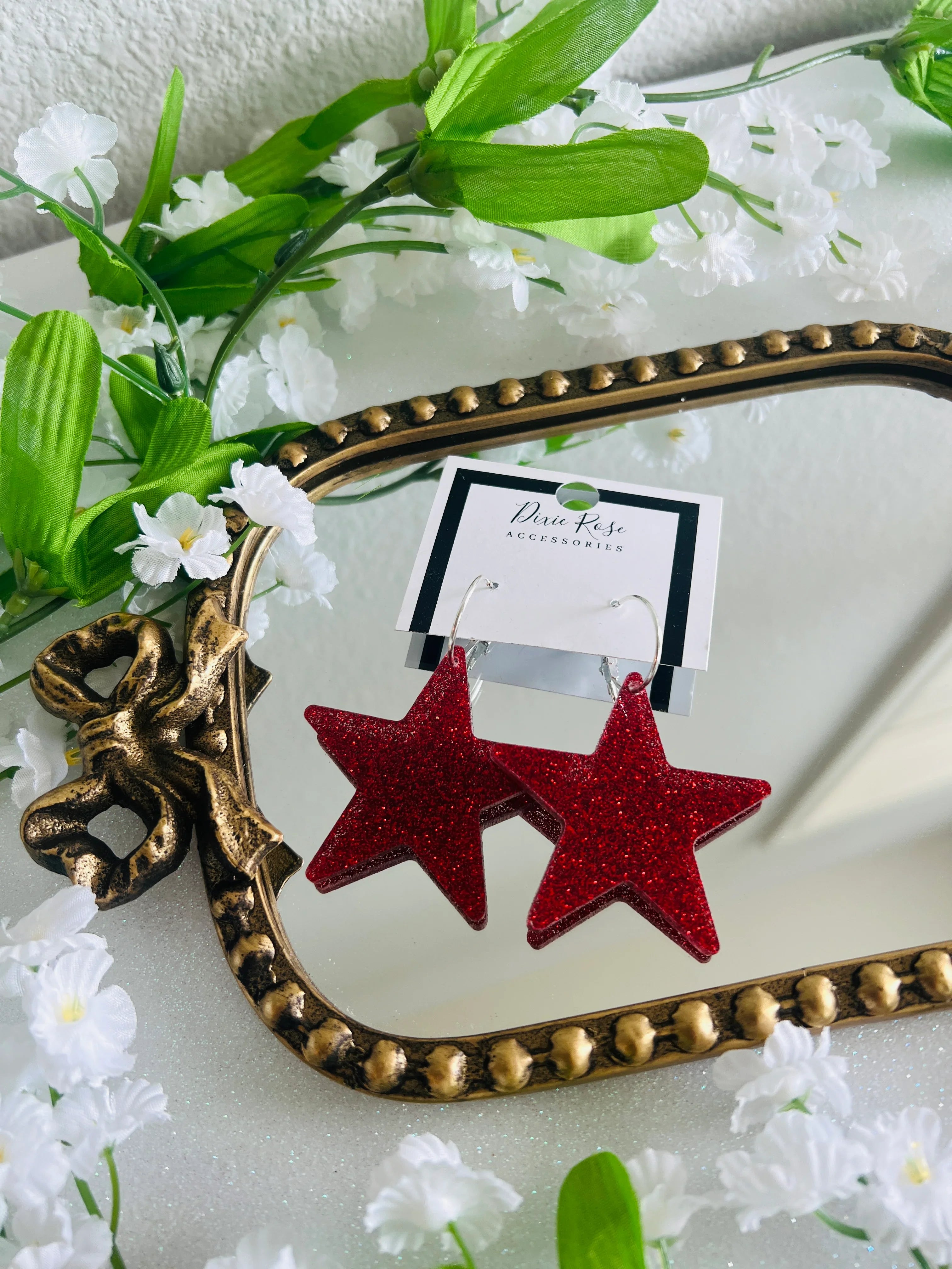 DIXIE ROSE Red Glitter Statement Star Hoops on Simply Obsessed