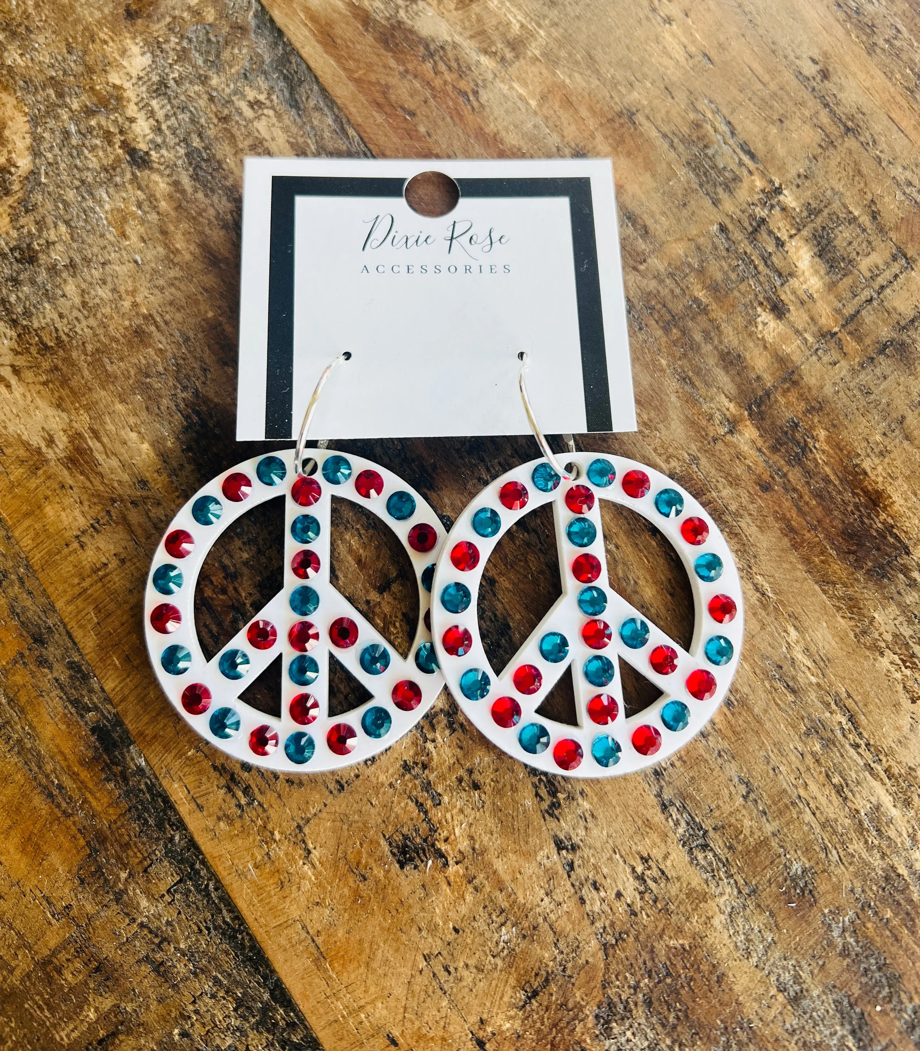 DIXIE ROSE Rhinestone Patriotic Peace Sign Earrings on Simply Obsessed