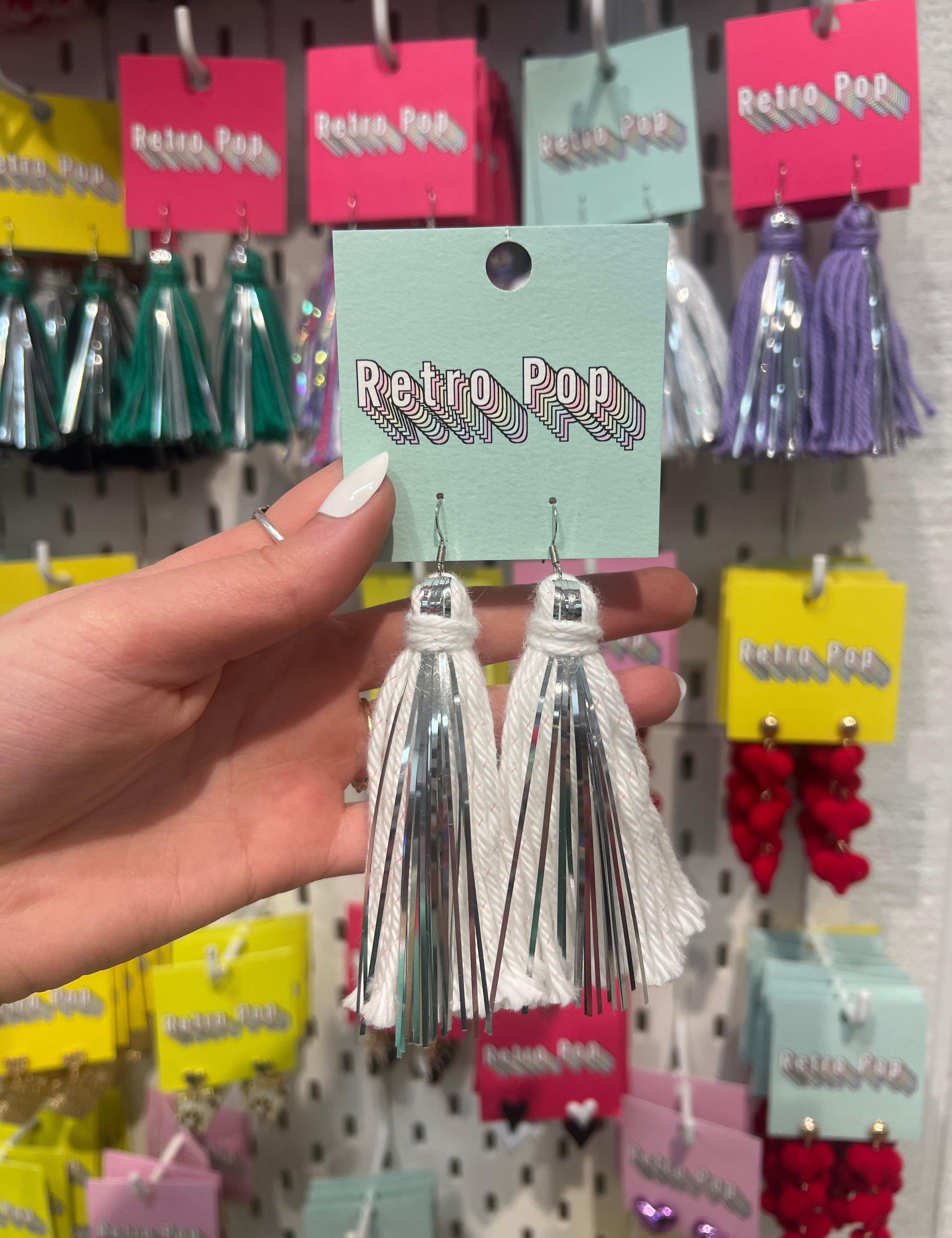 DIXIE ROSE White Shimmer Tassel Earrings on Simply Obsessed