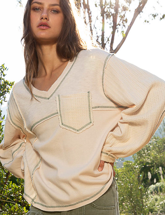 *DOORBUSTER* POL V-Neck Balloon Sleeve Thermal - Cream on Simply Obsessed
