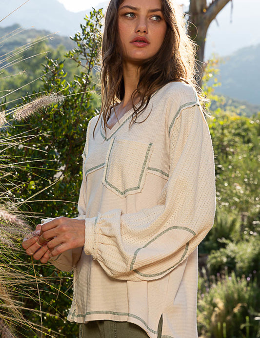 *DOORBUSTER* POL V-Neck Balloon Sleeve Thermal - Cream on Simply Obsessed