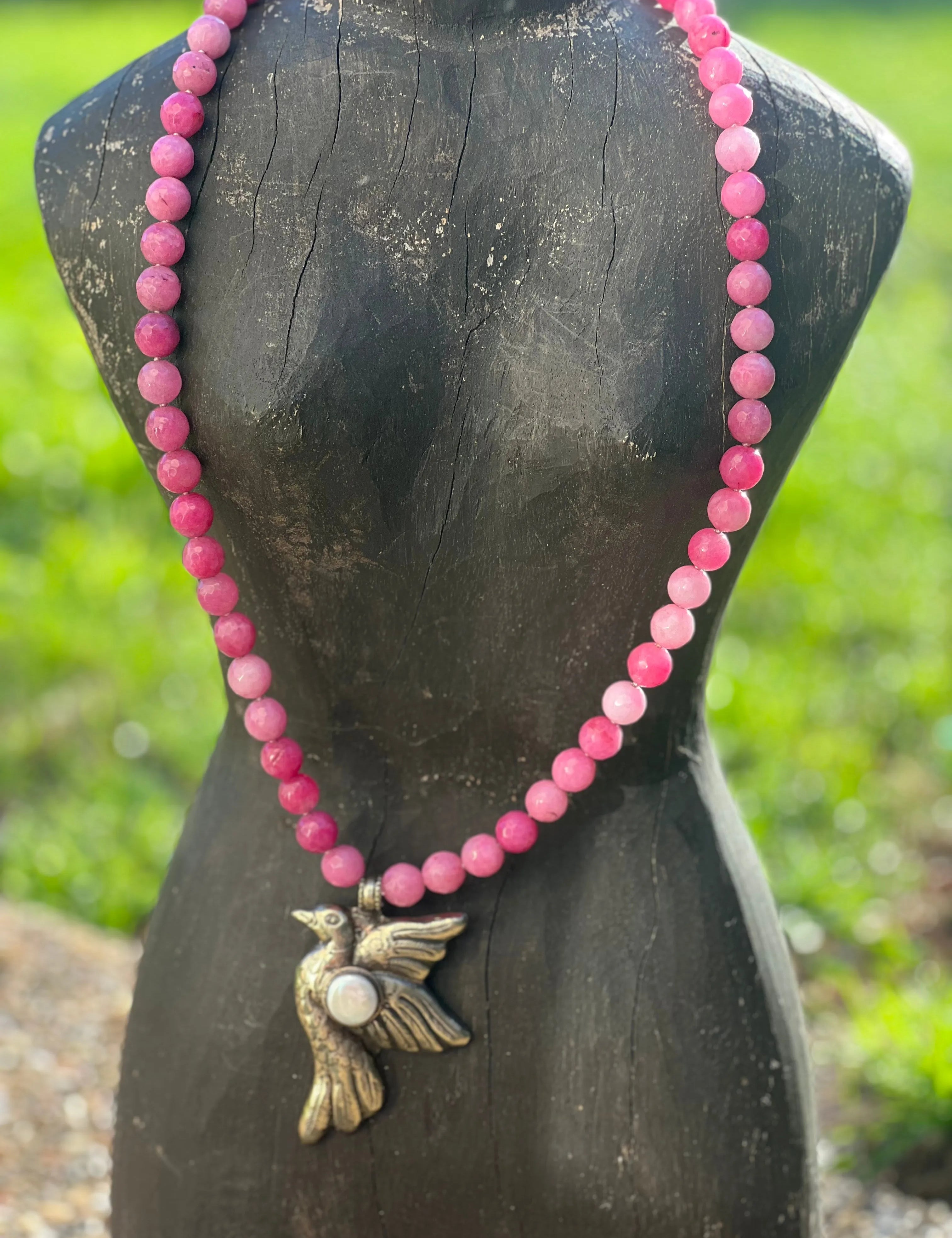 Dyed Jade Tibetan Silver Mother of Pearl Bird OOAK Necklace on Simply Obsessed