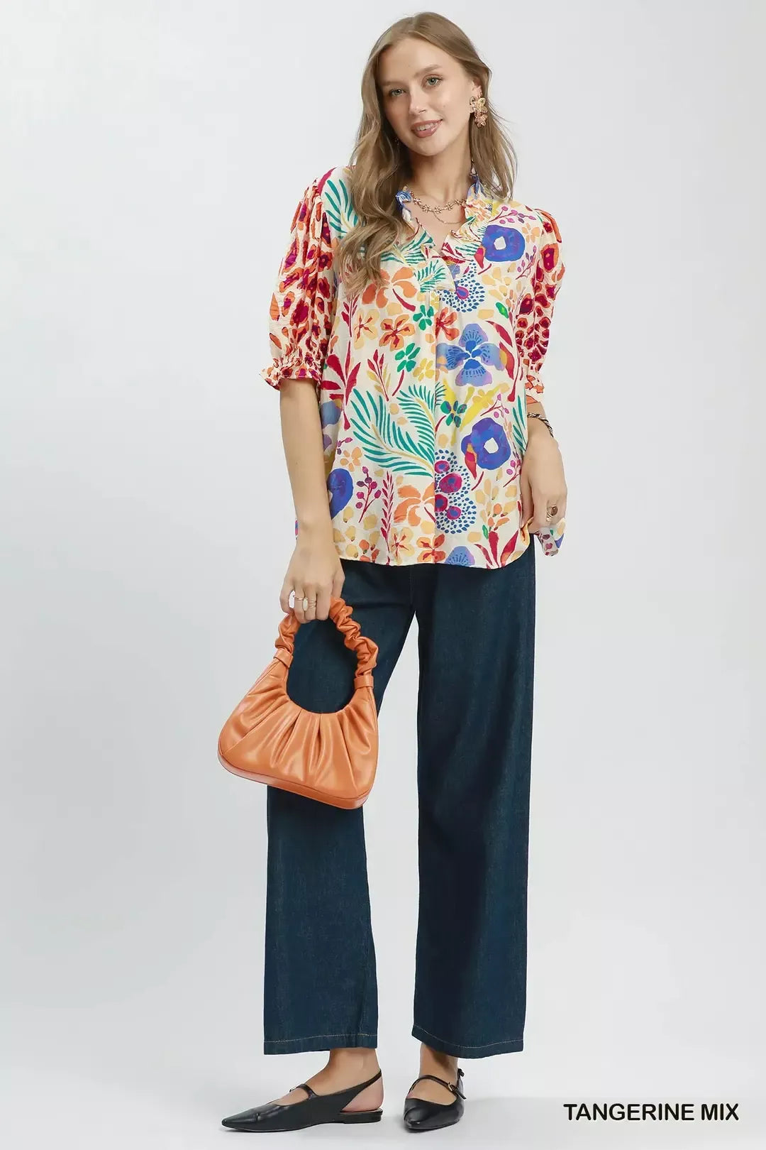 UMGEE V-Neck Ruffle Trim Puff Sleeve Top on Simply Obsessed