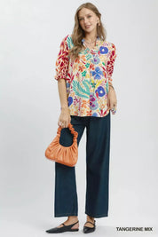 UMGEE V-Neck Ruffle Trim Puff Sleeve Top on Simply Obsessed