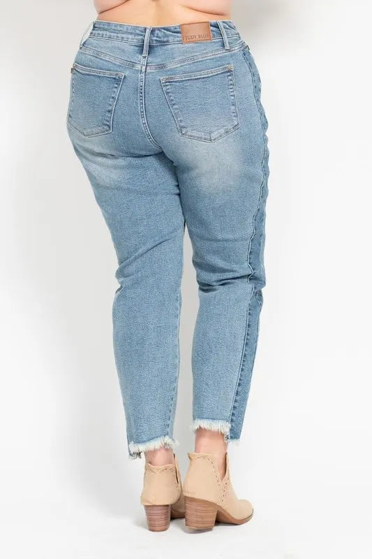 JUDY BLUE Full Size Vintage Wash Side Panel Detail with Fray Hem Slim Plus Size on Simply Obsessed
