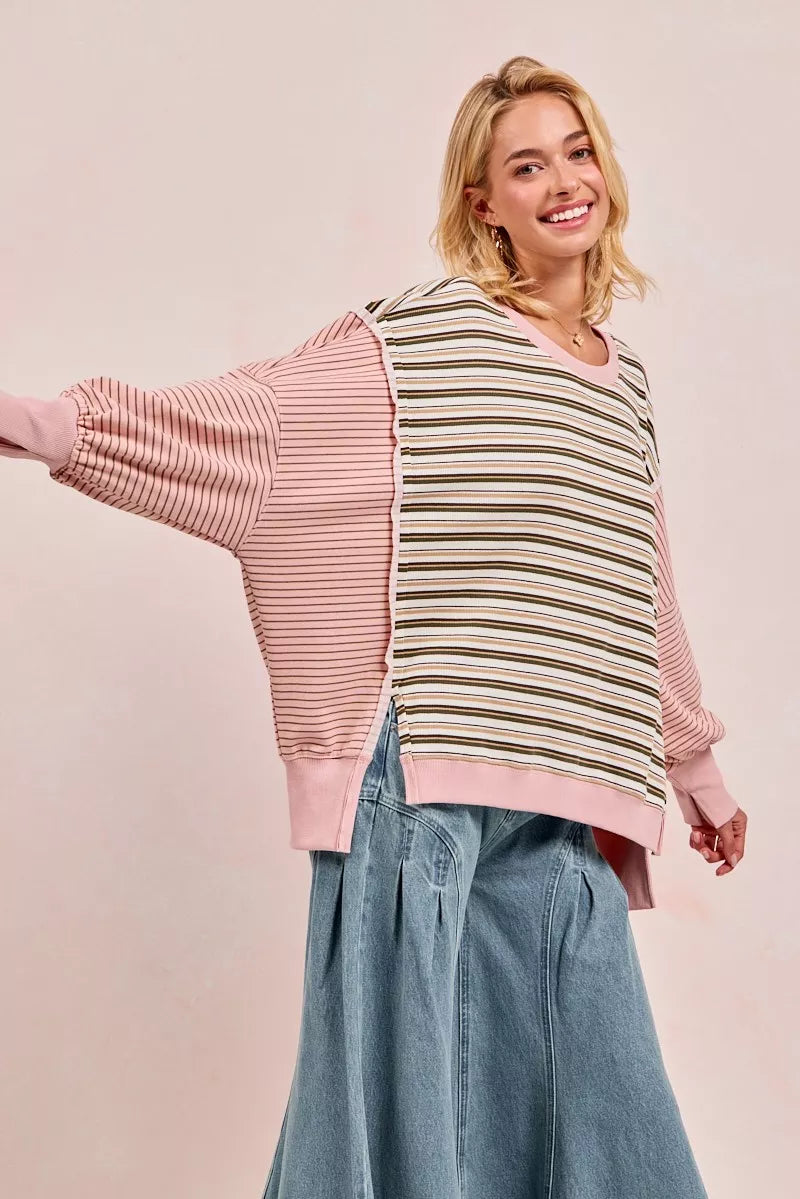 BIBI Stripe Mixed Top With Cut Edge And Reverse Outseam on Simply Obsessed