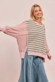 BIBI Stripe Mixed Top With Cut Edge And Reverse Outseam on Simply Obsessed
