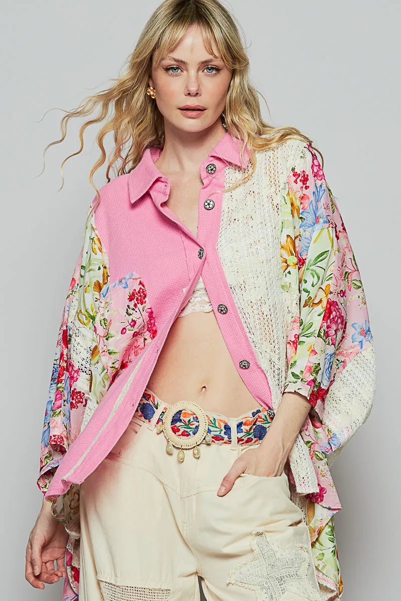 POL Thermal and Crochet Lace Mix Shirt with Floral Pattern on Simply Obsessed