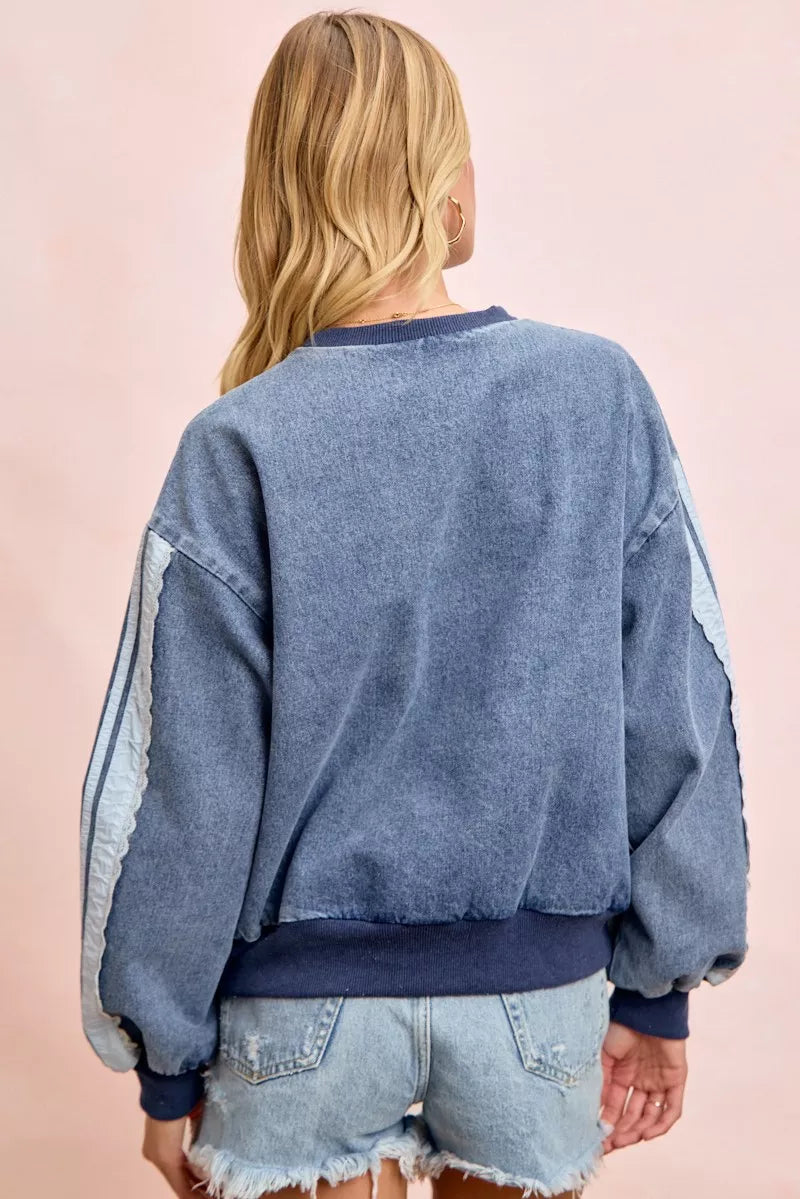 BIBI Washed Denim Lace Contrast Sided Sweatshirt **FALL DEBUT SALE** on Simply Obsessed