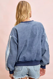 BIBI Washed Denim Lace Contrast Sided Sweatshirt **FALL DEBUT SALE** on Simply Obsessed