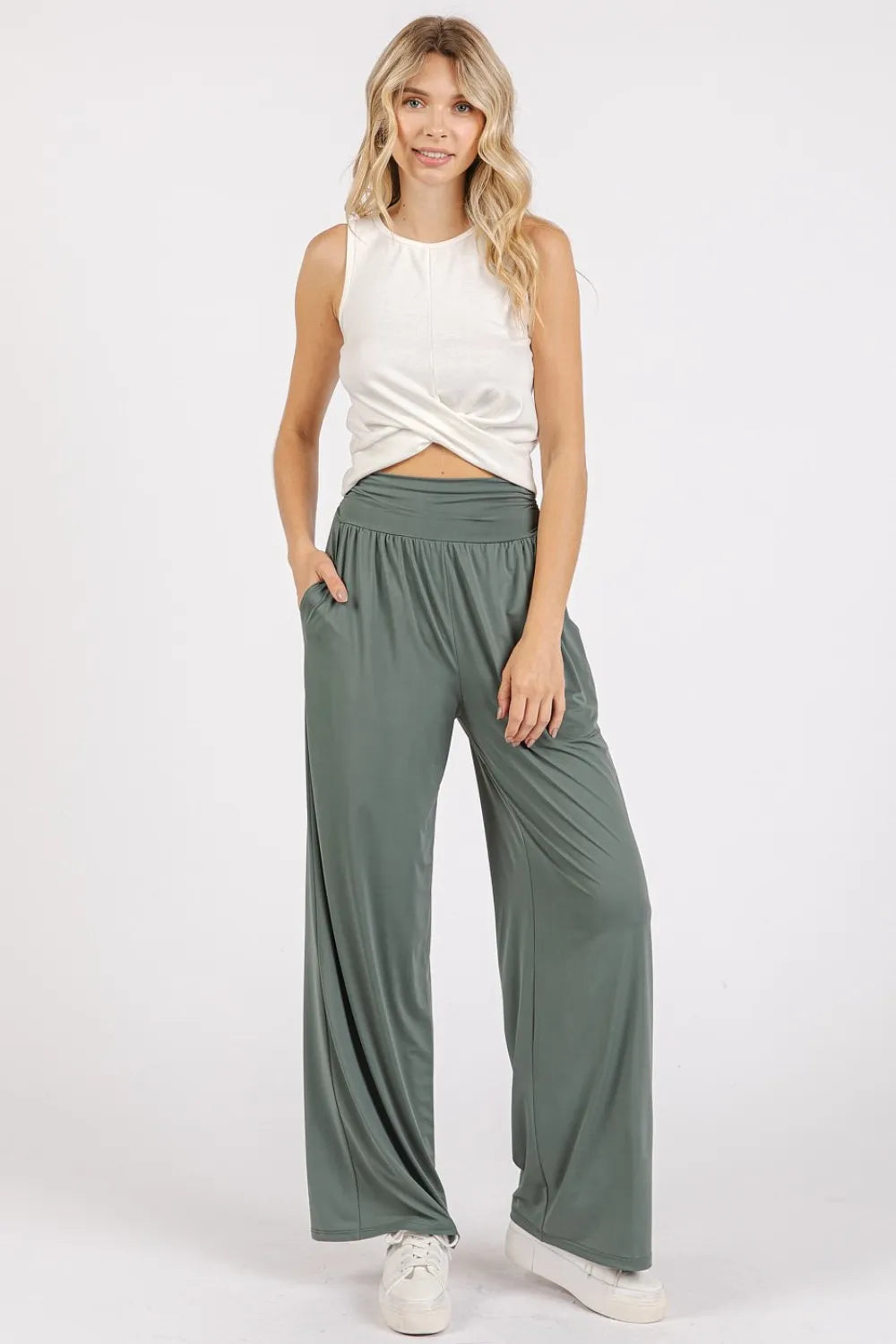 MITTOSHOP Stretch Banded Waist Wide Leg Pants with Pockets on Simply Obsessed