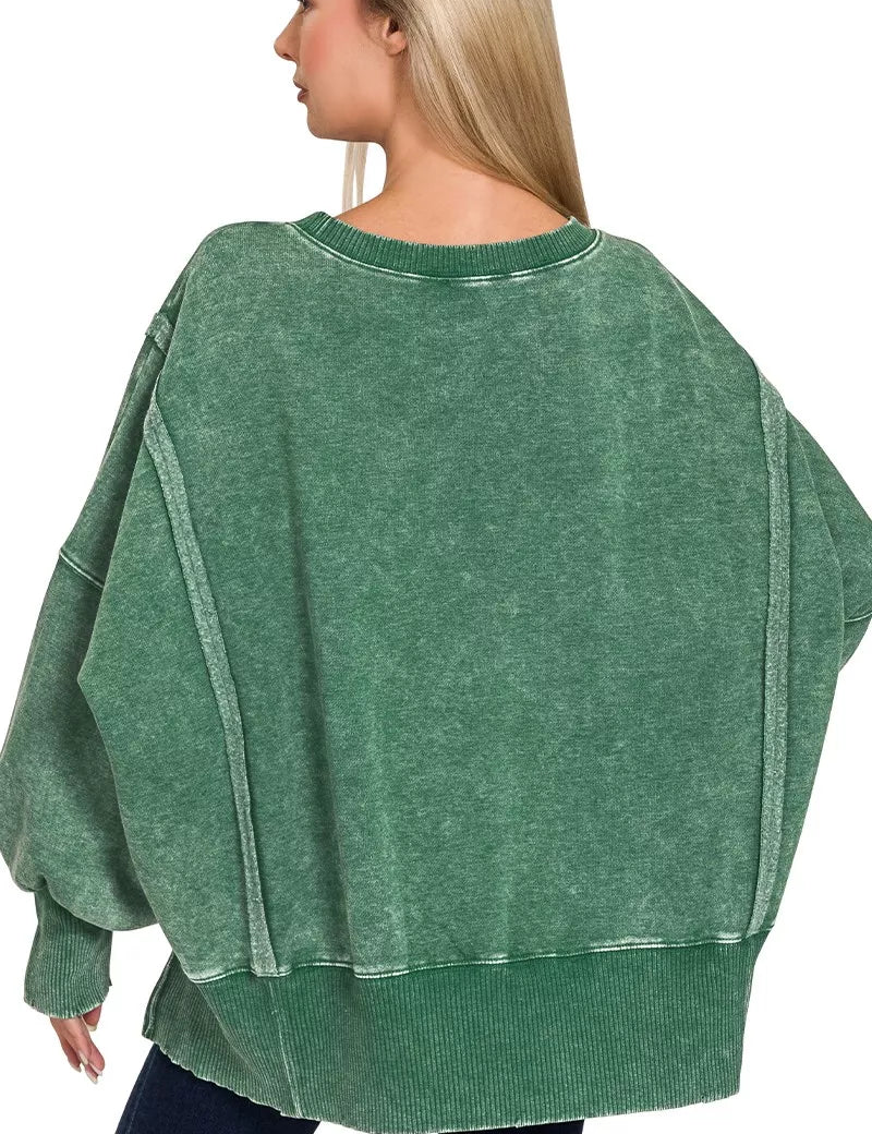 ZENANA Acid Washed Batwing Sleeve Fleece Sweatshirt on Simply Obsessed