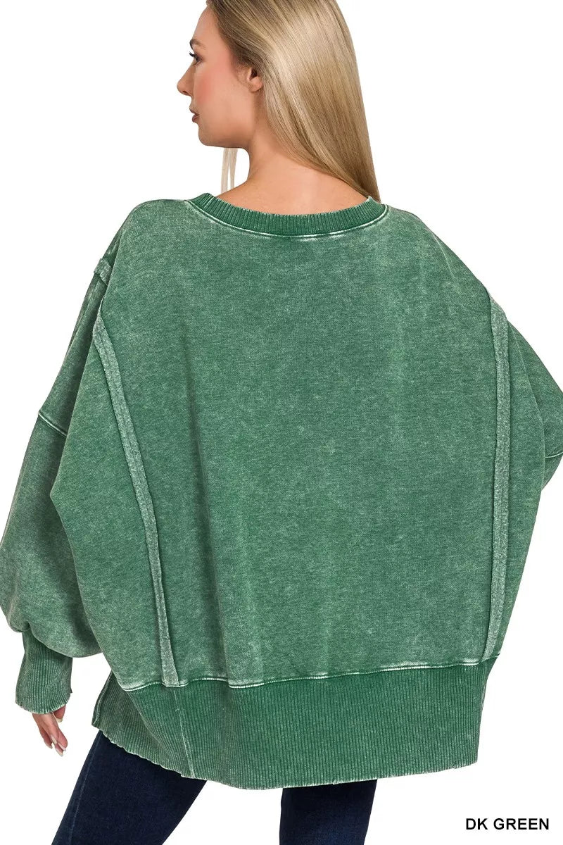 ZENANA Acid Washed Batwing Sleeve Fleece Sweatshirt on Simply Obsessed