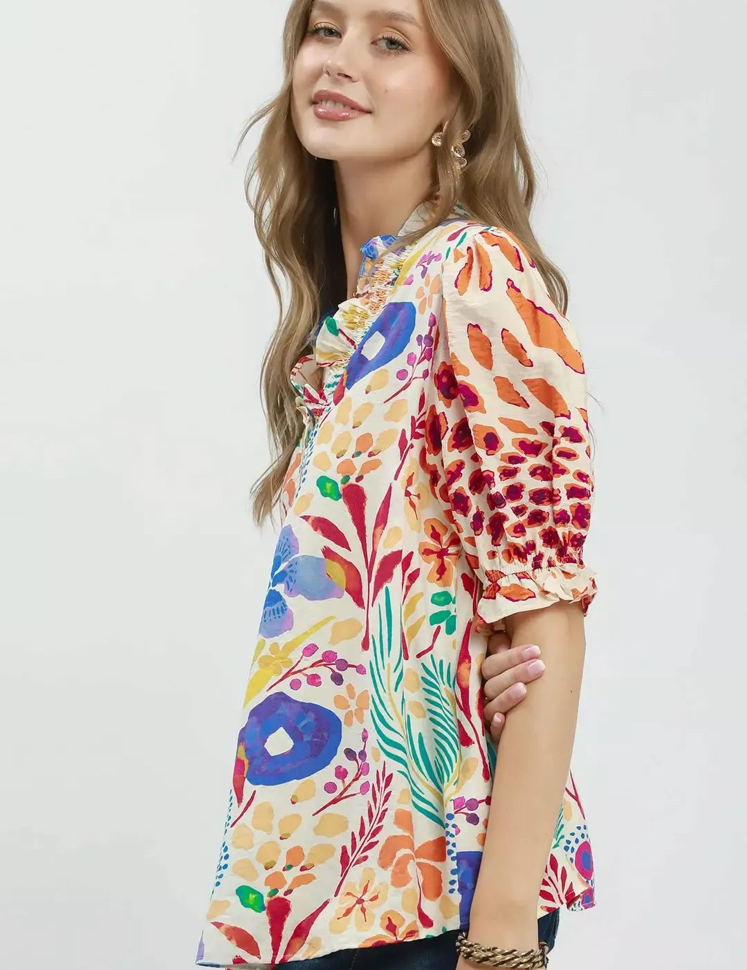 UMGEE V-Neck Ruffle Trim Puff Sleeve Top on Simply Obsessed