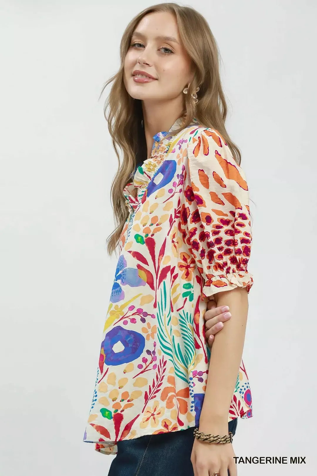 UMGEE V-Neck Ruffle Trim Puff Sleeve Top on Simply Obsessed