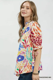 UMGEE V-Neck Ruffle Trim Puff Sleeve Top on Simply Obsessed