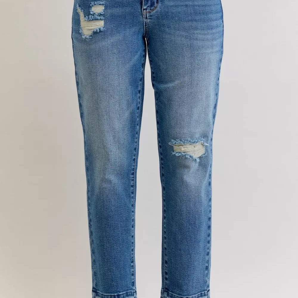 JUDY BLUE Full Size Mid Rise Bf Patch & Repair Destroy Release Hem Jeans Plus Size on Simply Obsessed