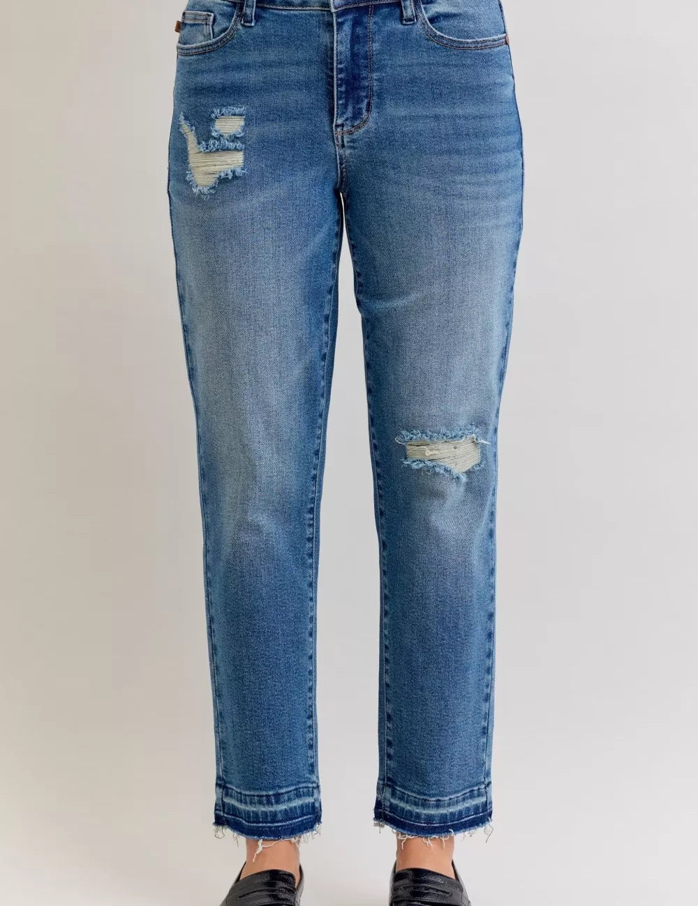 JUDY BLUE Full Size Mid Rise Bf Patch & Repair Destroy Release Hem Jeans Plus Size on Simply Obsessed