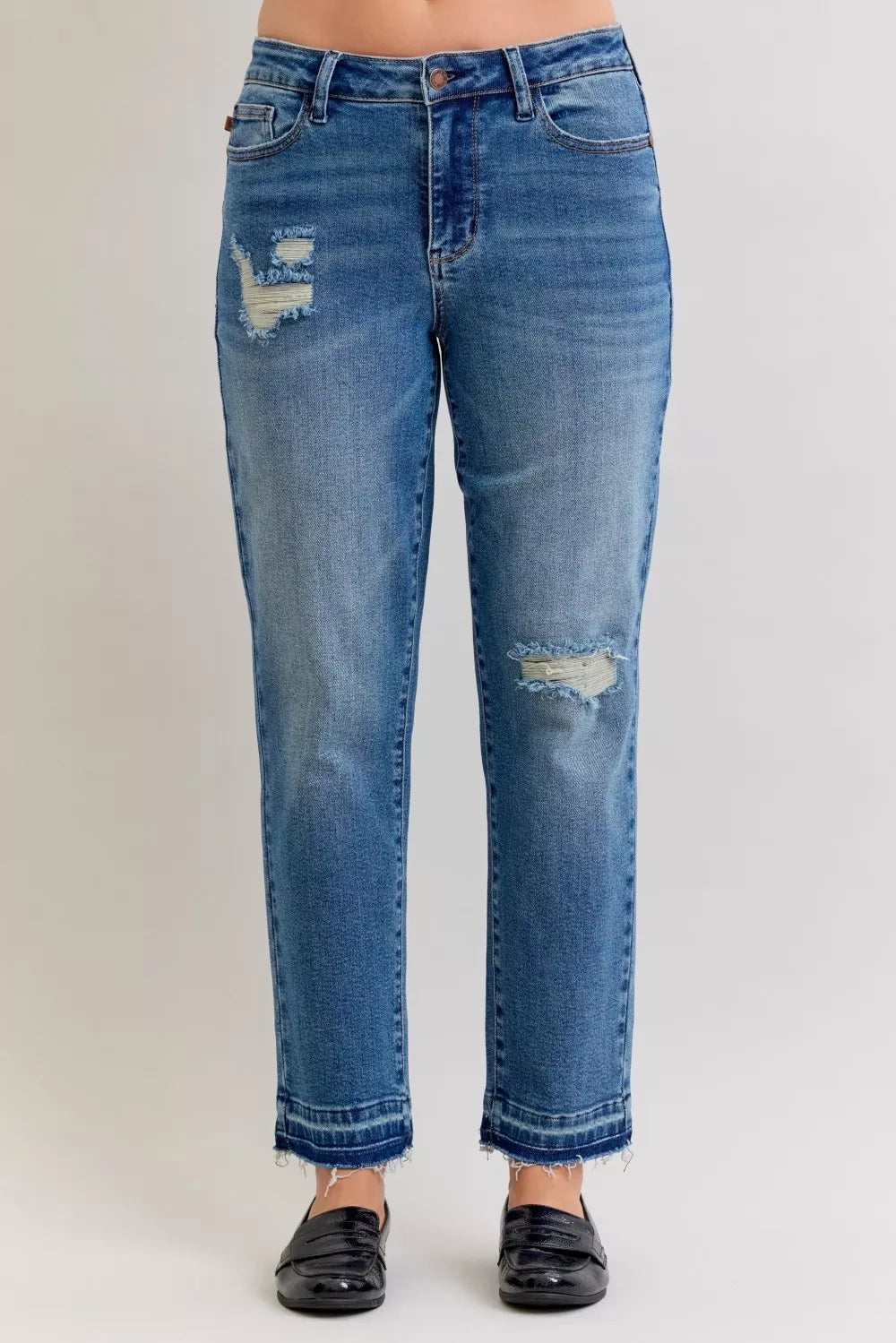 JUDY BLUE Full Size Mid Rise Bf Patch & Repair Destroy Release Hem Jeans Plus Size on Simply Obsessed