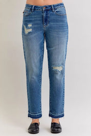 JUDY BLUE Full Size Mid Rise Bf Patch & Repair Destroy Release Hem Jeans Plus Size on Simply Obsessed