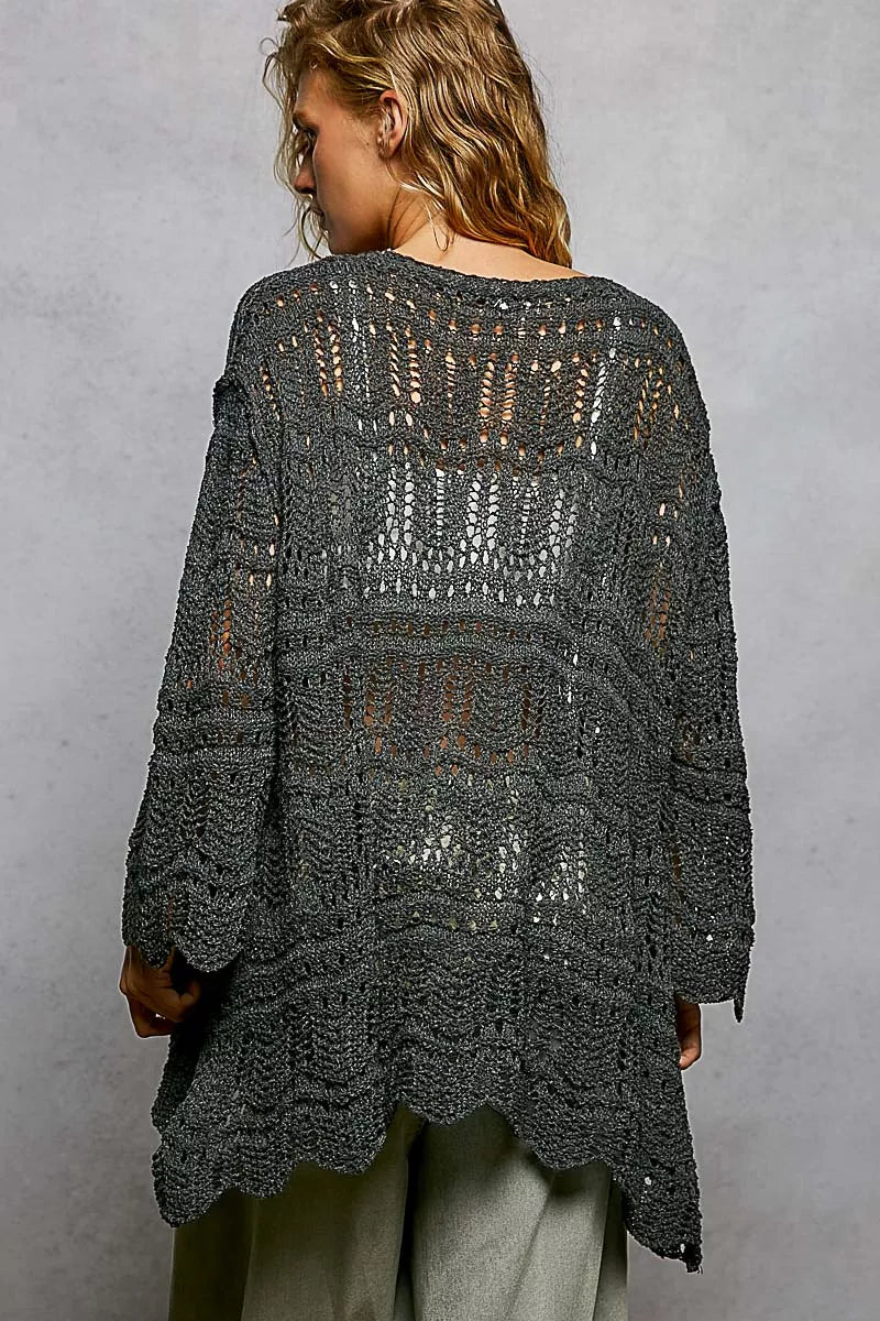 POL Openwork Lightweight Open Front Cardigan with Scalloped Edge on Simply Obsessed