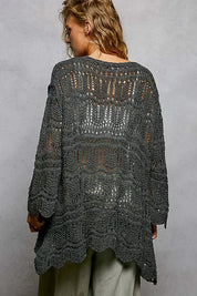 POL Openwork Lightweight Open Front Cardigan with Scalloped Edge on Simply Obsessed