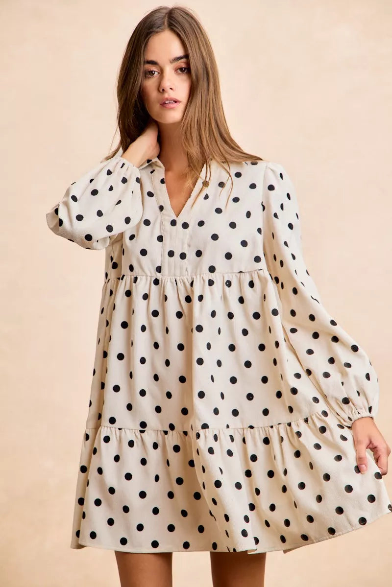 BIBI Polka Dot Corduroy Collared V Neck Dress on Simply Obsessed
