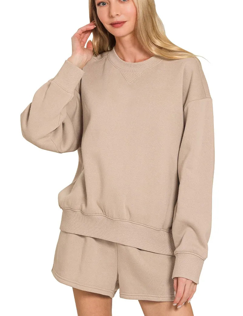 ZENANA Fleece Long Sleeve Sweatshirts & Shorts Set on Simply Obsessed