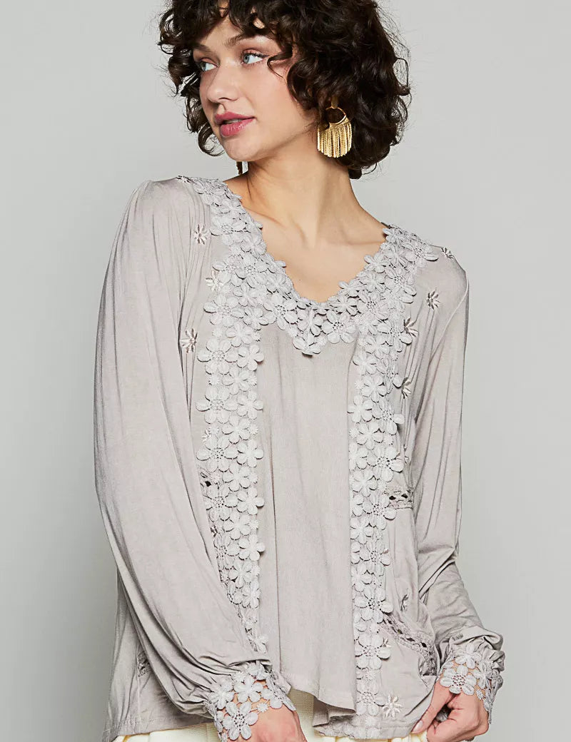 POL Floral Embroidery Woven Top with Lace Trim on Simply Obsessed