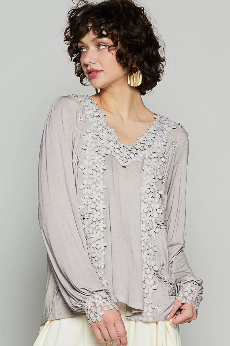 POL Floral Embroidery Woven Top with Lace Trim on Simply Obsessed