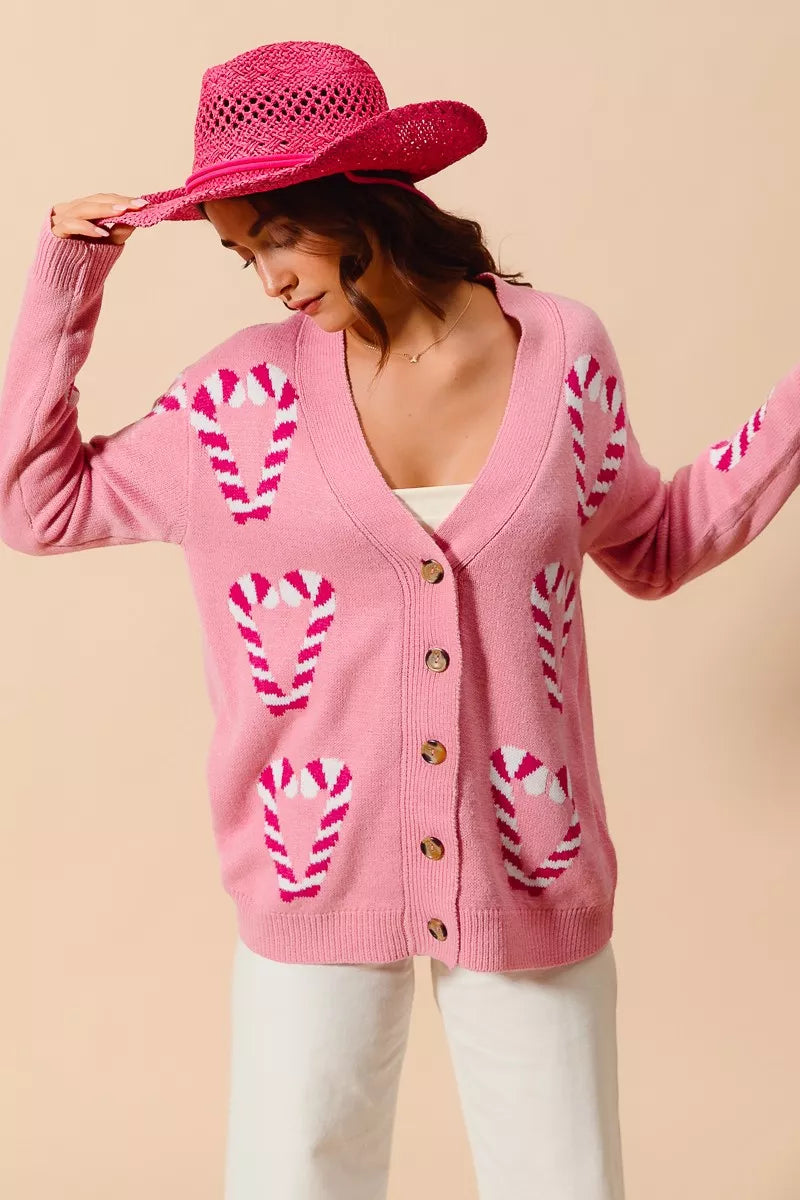 SO ME Christmas Candy Cane Button Front Sweater Cardigan on Simply Obsessed