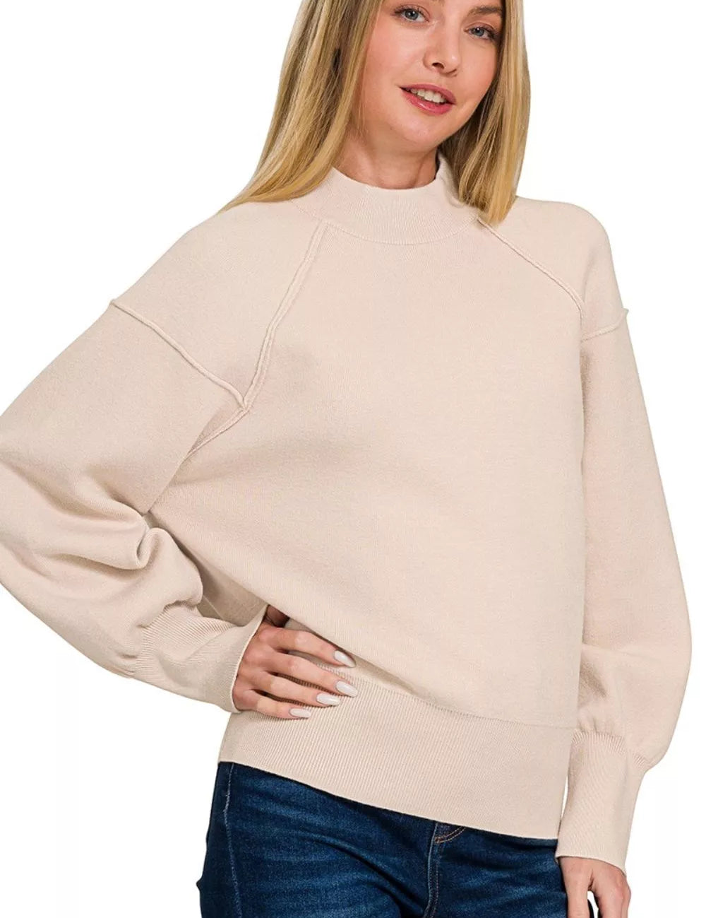 ZENANA Viscose Mock Neck Exposed Seam Sweater on Simply Obsessed