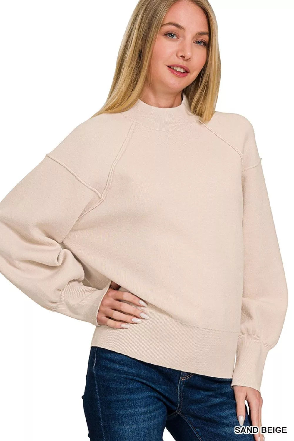 ZENANA Viscose Mock Neck Exposed Seam Sweater on Simply Obsessed