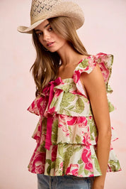 BiBi Floral Print Woven Bow Tie Ruffle Square Neck Top on Simply Obsessed