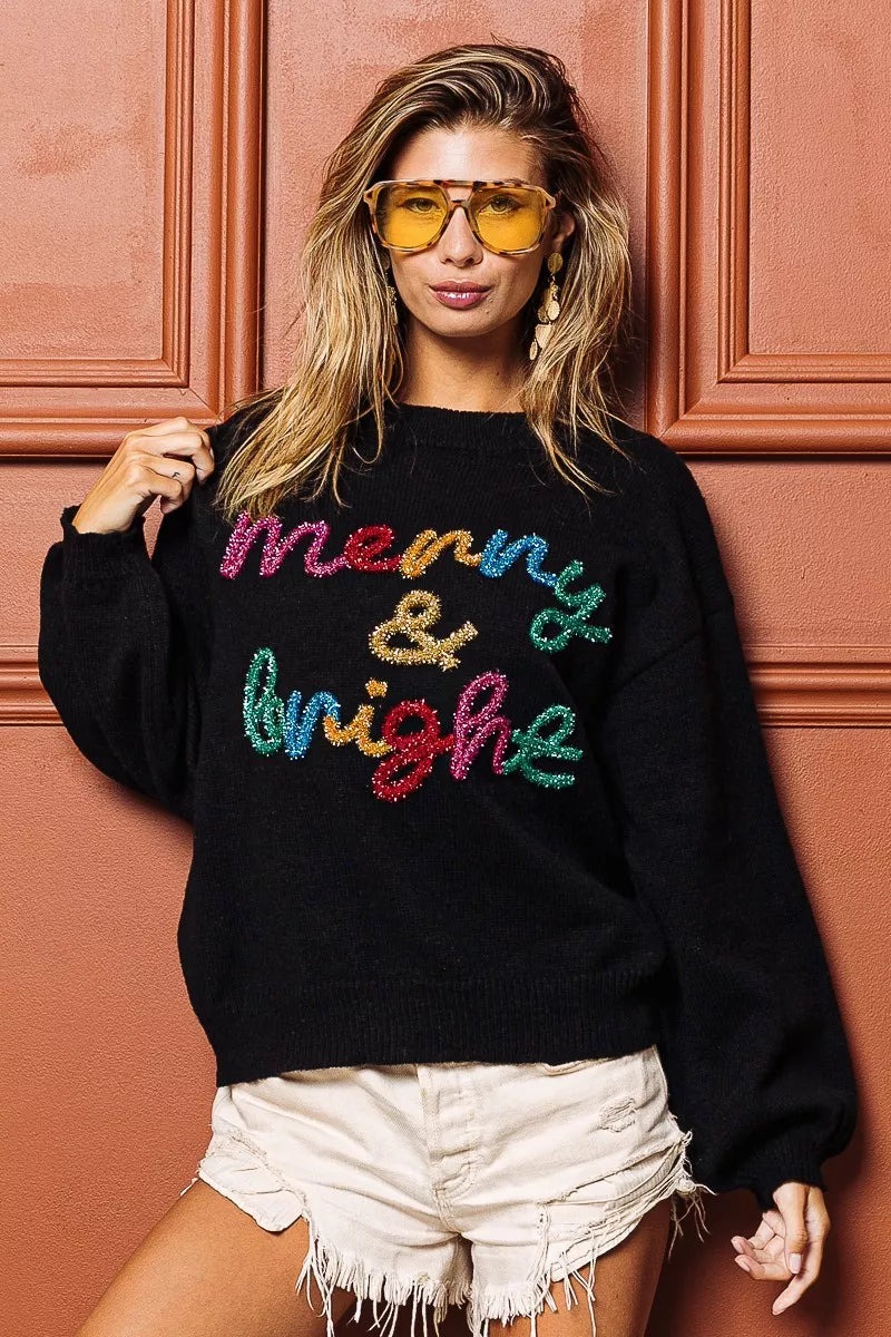 BIBI Tinsel Lettering Christmas Sweater on Simply Obsessed