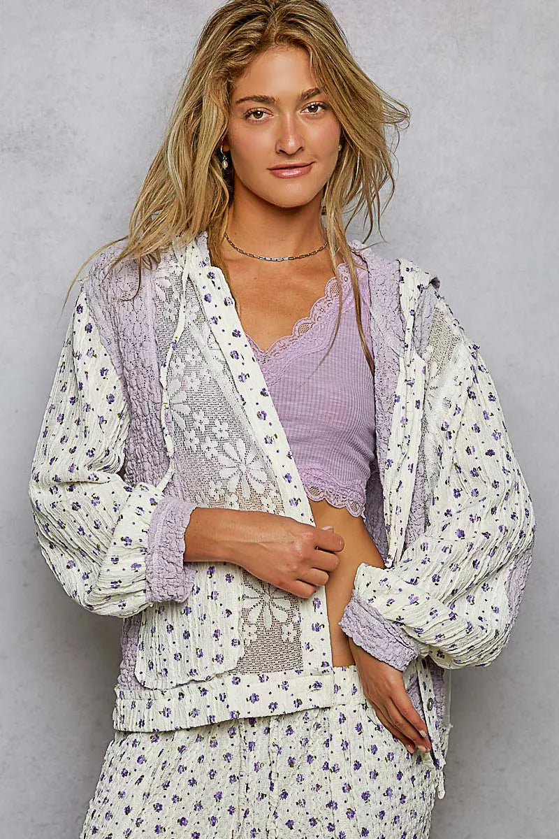 POL Floral Balloon Sleeve Hooded Lace Jacket with Stitch Detail on Simply Obsessed