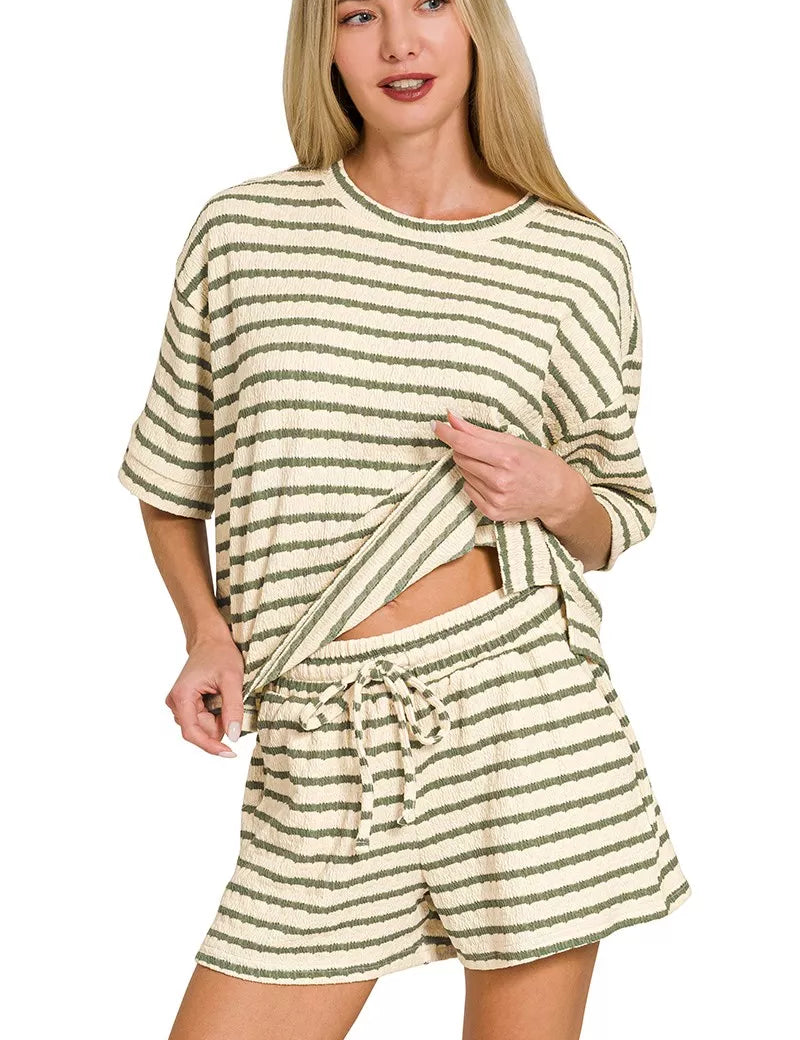 Zenana Striped Short Sleeve Tee & Shorts Set on Simply Obsessed