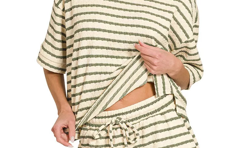 Zenana Striped Short Sleeve Tee &amp; Shorts Set on Simply Obsessed