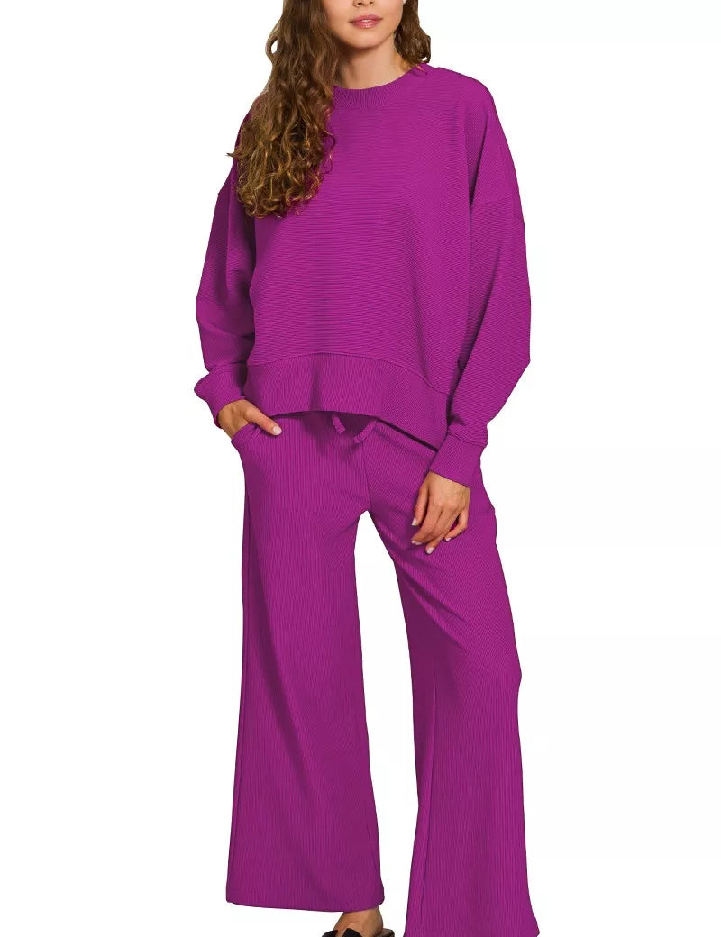 ZENANA Ribbed Round Neck Pullover and Drawstring Pants Set on Simply Obsessed