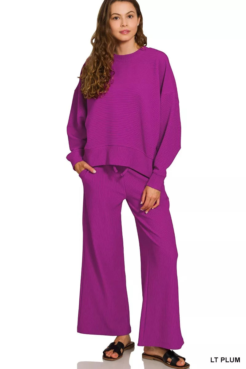 ZENANA Ribbed Round Neck Pullover and Drawstring Pants Set on Simply Obsessed