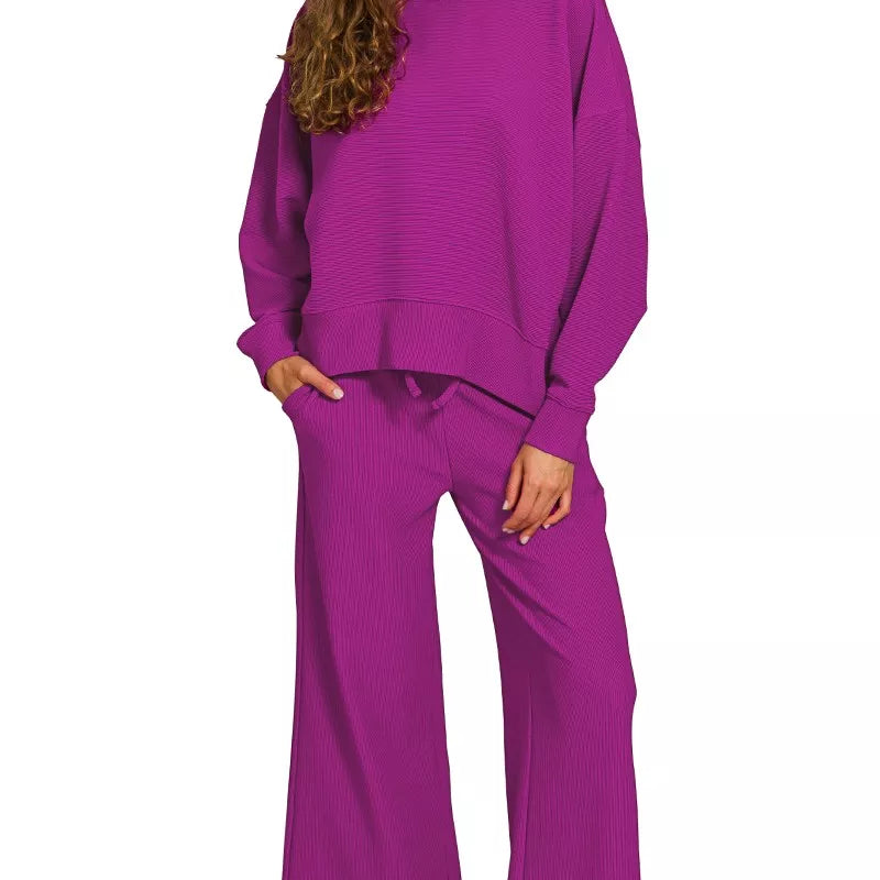 ZENANA Ribbed Round Neck Pullover and Drawstring Pants Set on Simply Obsessed